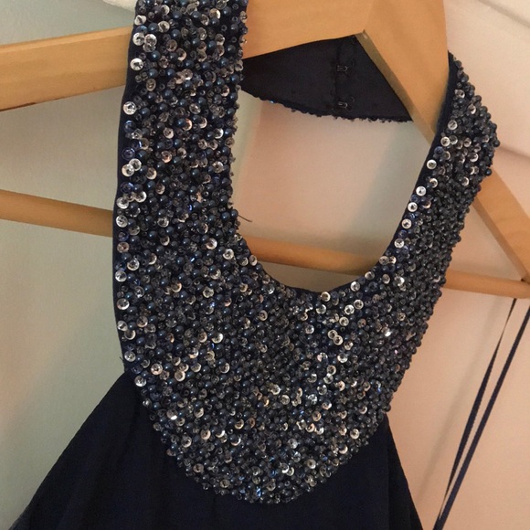 JS Boutique Navy Dress w Sequin/Beaded Collar, 6 - Picture 3 of 8
